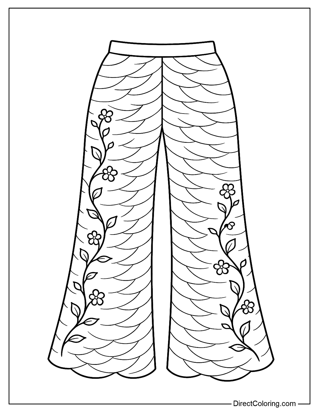 Coloring page for pants with vines and small flowers winding around the tube, the fabric is made from rolled leaf texture